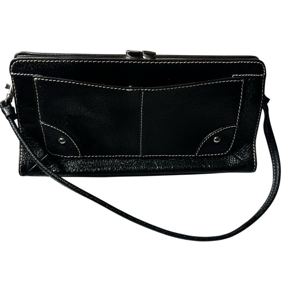 Anne Klein Black Leather Kiss Lock Frame Bag Contrast Stitch Small Shoulder Bag